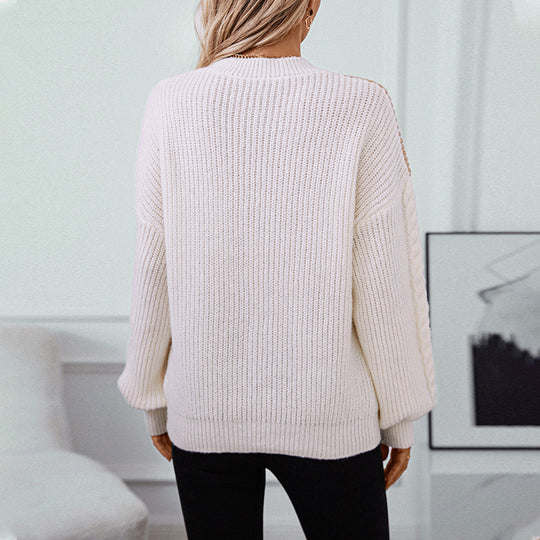 Damen modischer Strickpullover mit raffinierten Zopfmuster-Ärmeln und Kontrastfarben EB