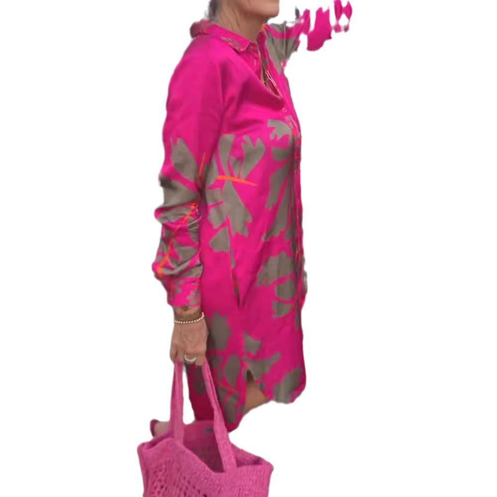 Damen Hemdblusenkleid mit kunstvollem Floral-Design und Knopfdetails Heidi-Mode