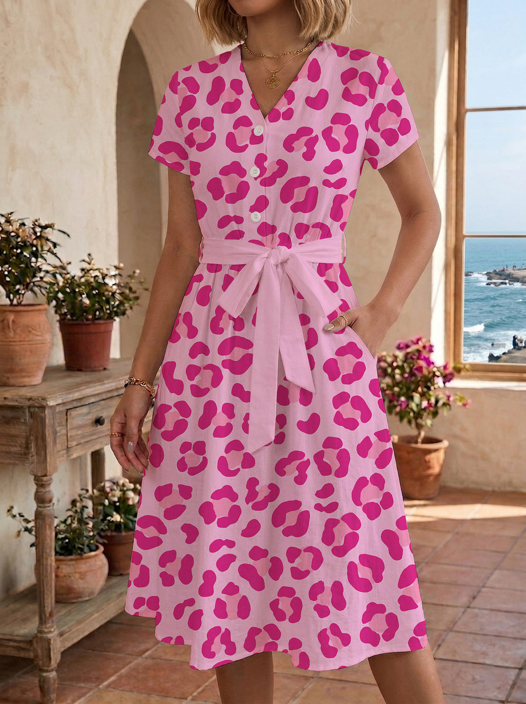 Damen lässiges Kleid mit modernem Leoprint und taillierbarem Gürtel EB