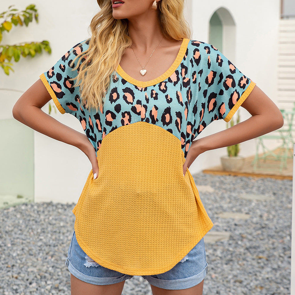 Damen lässiges T-Shirt mit Leopardenmuster und asymmetrischem Schnitt EB