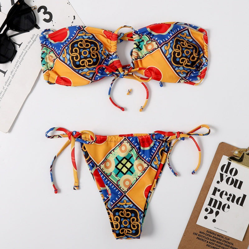 Damen Bandeau-Bikini mit aufregendem Mustermix und verstellbaren Trägern EB