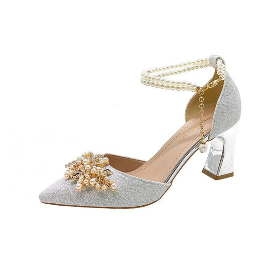 Damen elegante Pumps mit Perlenschmuck und glitzerndem Absatz EB