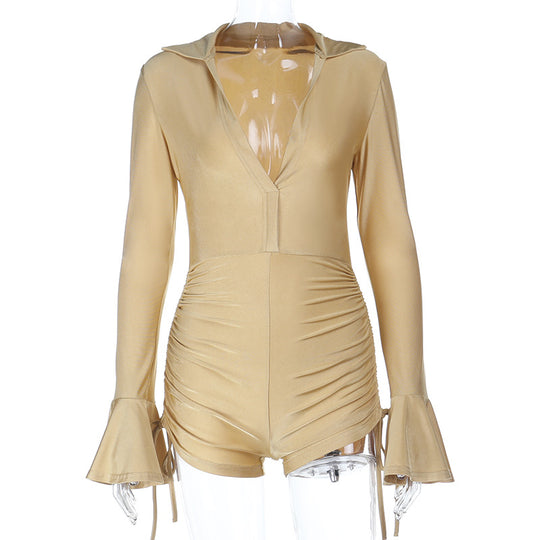 Damen eleganter Bodysuit mit lässigem Kragen und Raffung EB