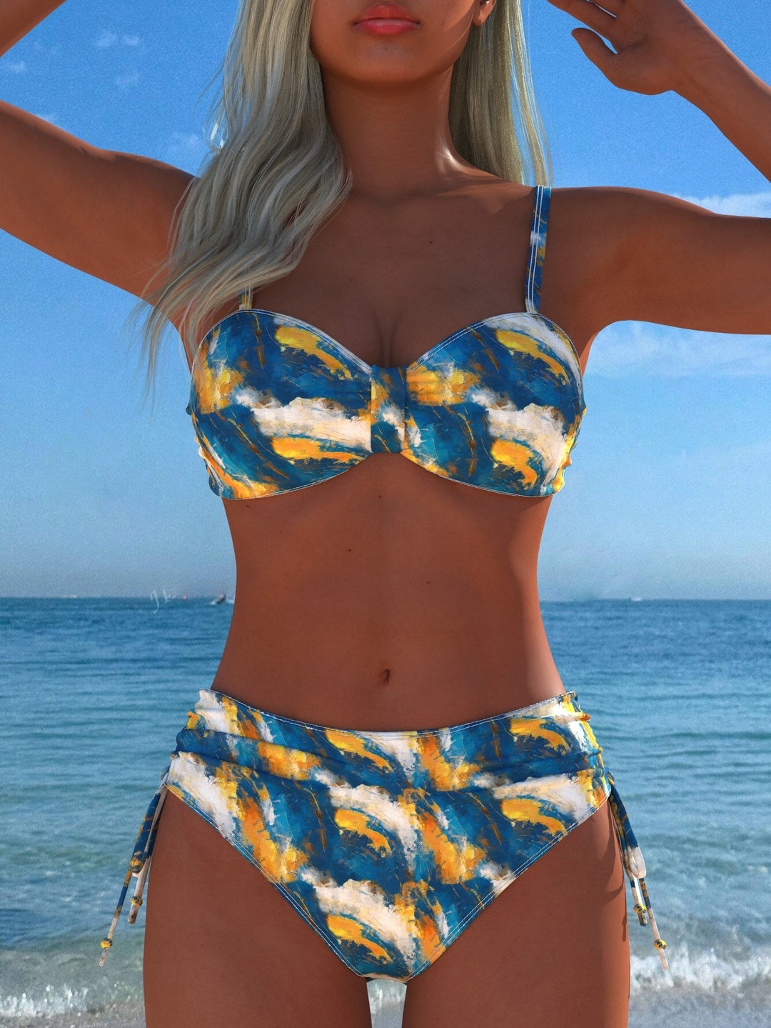 Damen Bikini-Set mit stilvollem Karomuster und goldfarbenen Akzenten EB