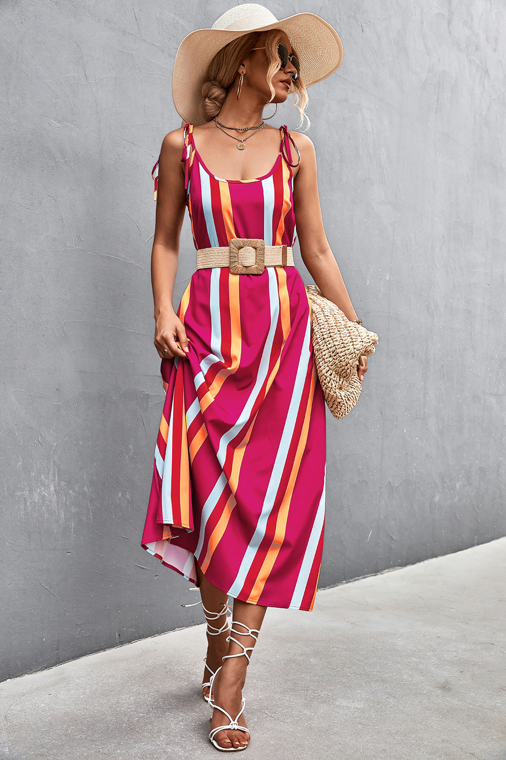Damen Maxikleid mit modischen Streifen und taillierendem Gürtel EB