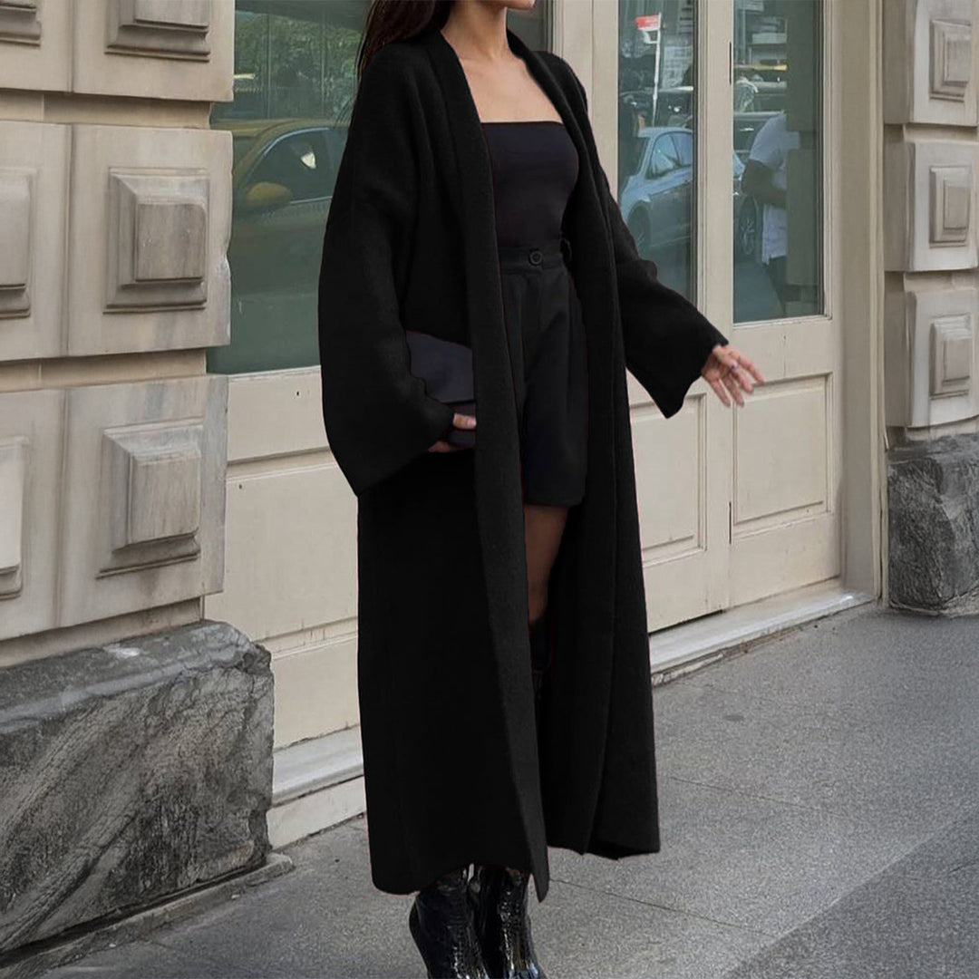 Damen nan extra-langer Oversize-Strickmantel mit offenem Schnitt, weiten Ärmeln und Kimonokragen EB
