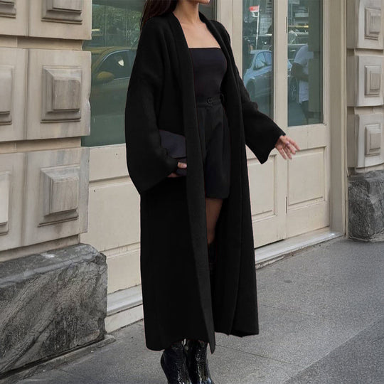 Damen nan extra-langer Oversize-Strickmantel mit offenem Schnitt, weiten Ärmeln und Kimonokragen EB