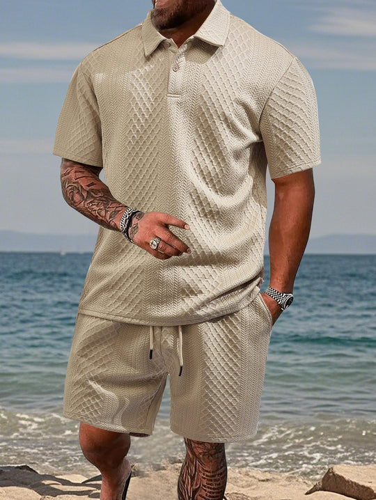 Herren nan geprägtes Strand-Ensemble mit offenem Kurzarm-Hemd und Kordel-Bermuda EB