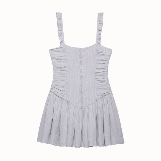 Damen luftiges Babydoll-Kleid mit Rüschendetails und elastischer Taillierung EB