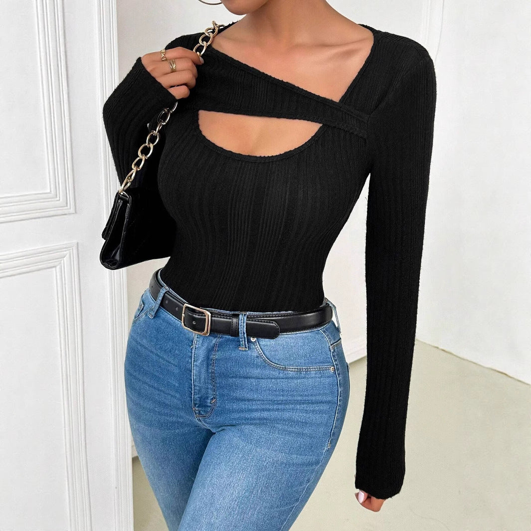 Damen Langärmliges Cut-Out Oberteil mit strukturiertem Rippdesign EB