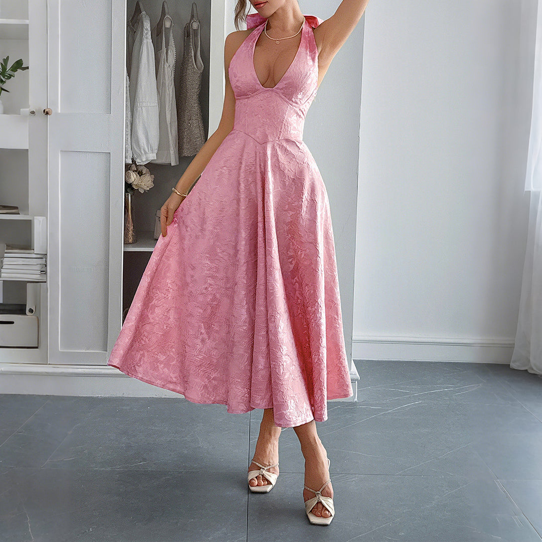 Damen Elegantes Midikleid mit tiefem V-Ausschnitt und fließendem Rock EB