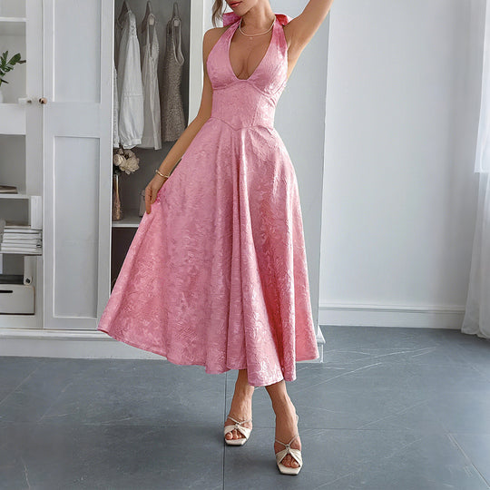 Damen Elegantes Midikleid mit tiefem V-Ausschnitt und fließendem Rock EB
