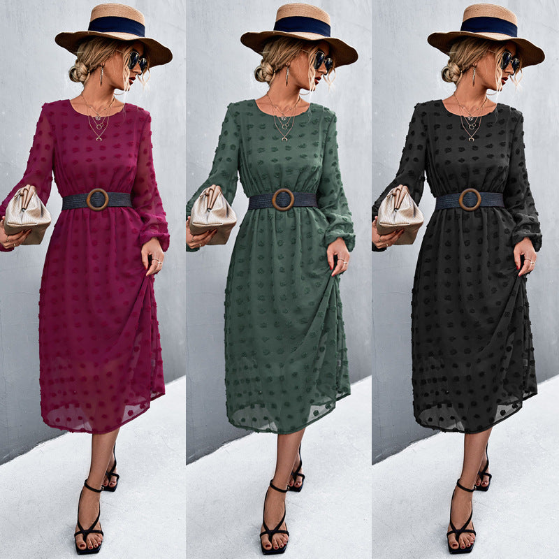 Damen Chiffonkleid mit elegantem Strukturmuster und modischem Gürtel EB
