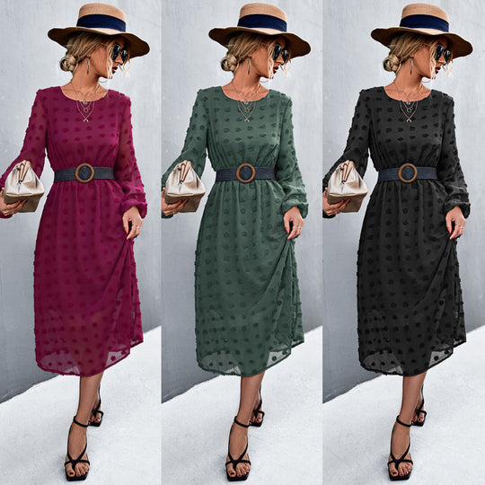 Damen Chiffonkleid mit elegantem Strukturmuster und modischem Gürtel EB