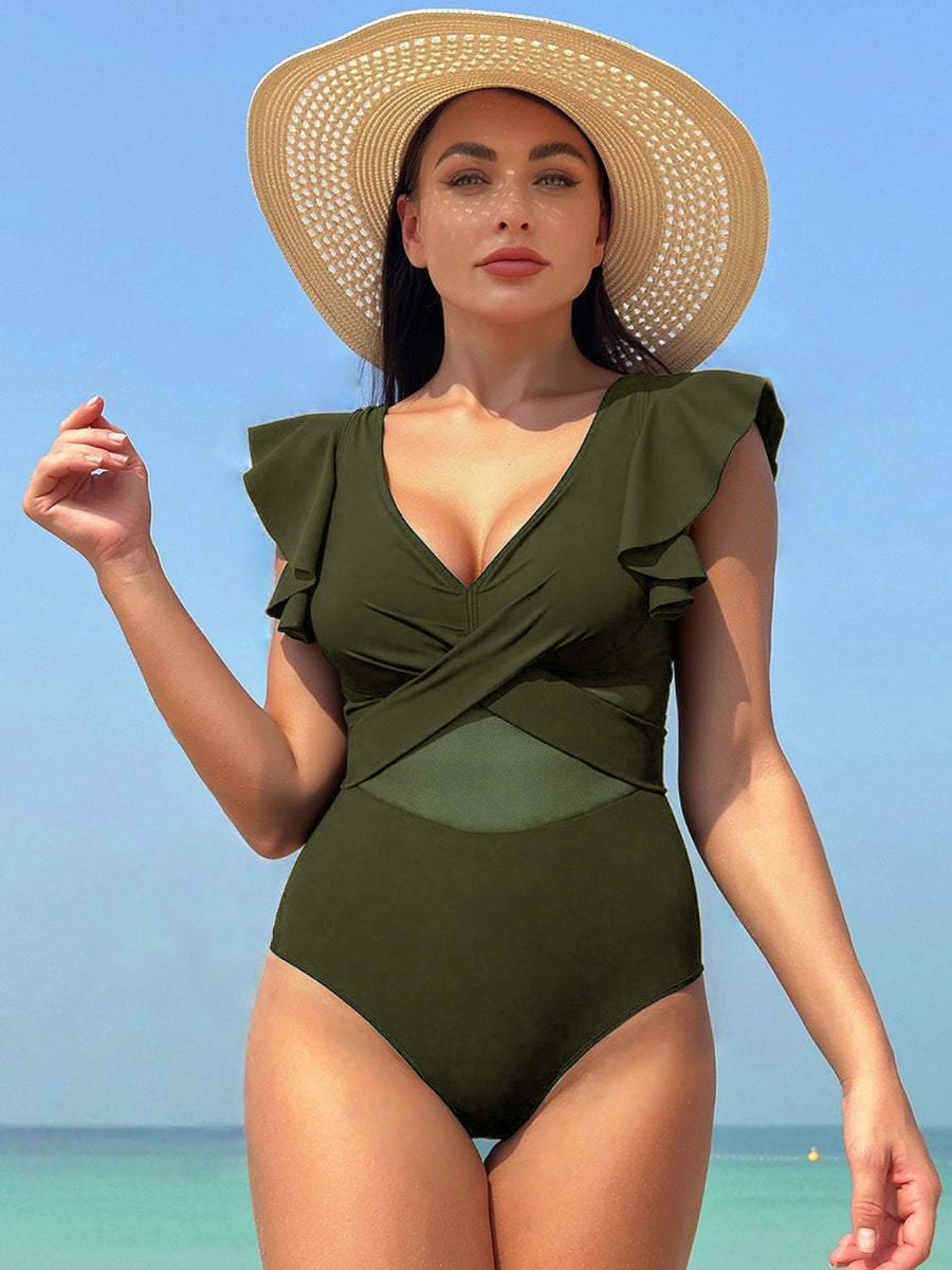 Damen Eleganter Einteiler Badeanzug mit asymmetrischem Rüschendesign EB