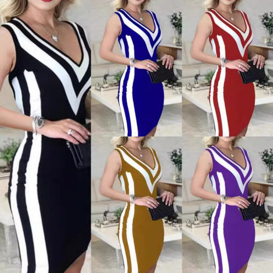 Damen Figurbetontes Minikleid mit V-Ausschnitt und Kontraststreifen EB