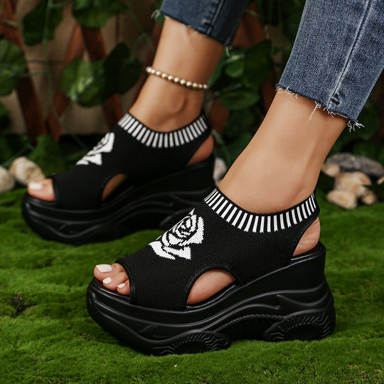 Damen Plateausandalen mit floralem Strickdesign und optimaler Dämpfung EB