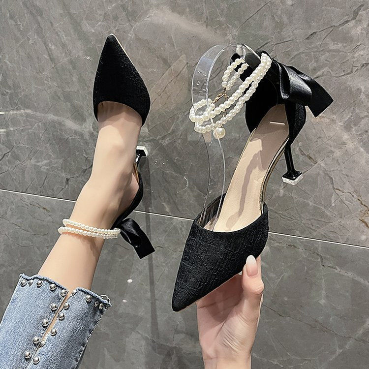 Damen schicke High Heels mit transparentem Riemen und zierlichem Perlenakzent EB