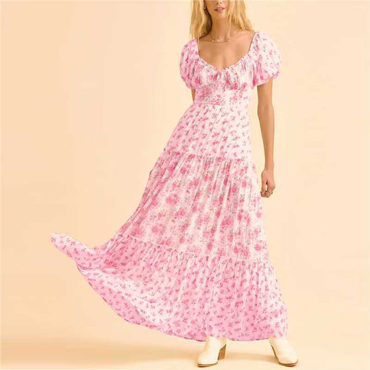 Damen Maxikleid mit blumigem Design und hochwertigen Puffärmeln EB