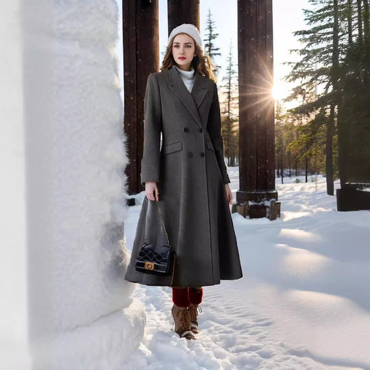 Damen eleganter Maximantel mit doppelter Knopfreihe und weit schwingendem Rock EB