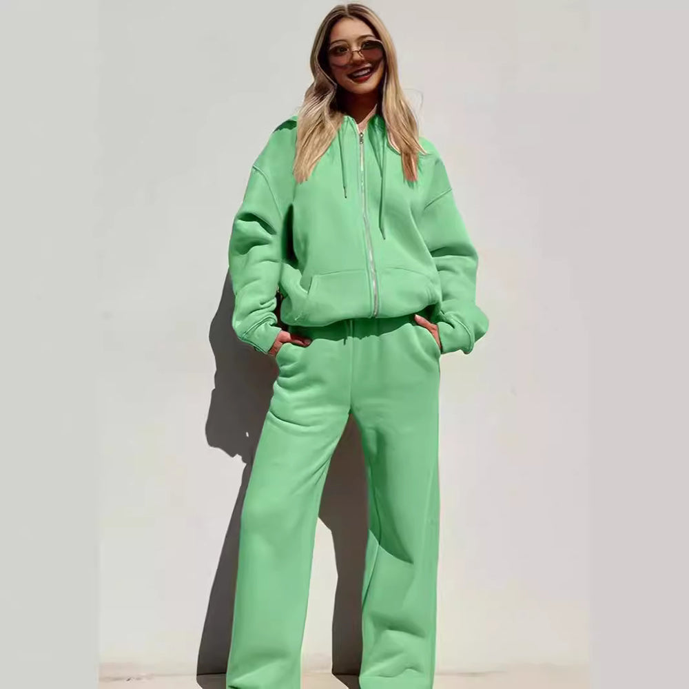 Damen bequemer und stilvoller Loungewear-Anzug mit zipbarem Hoodie und weitem Bein EB