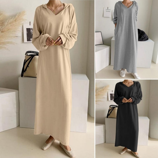 Damen nan lässiges Kapuzen-Maxikleid mit V-Ausschnitt, langen Ärmeln, lockerem geradem Schnitt und elastischen Bündchen EB
