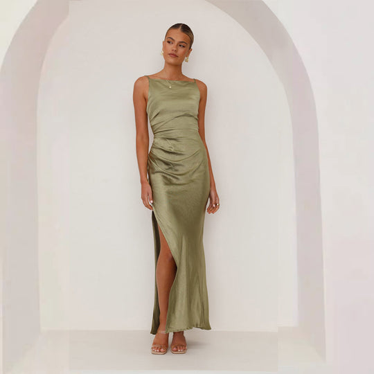 Damen Elegantes Satinabendkleid mit sexy Schlitz und raffiniertem Schnitt EB