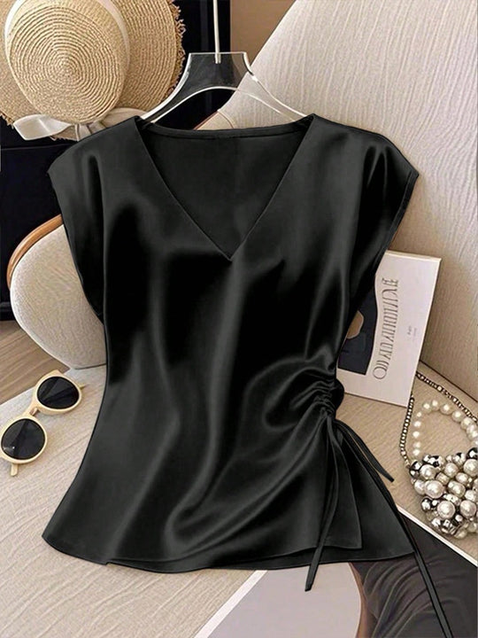 Damen Satinbluse mit seitlichem Kordelzug und V-Ausschnitt EB