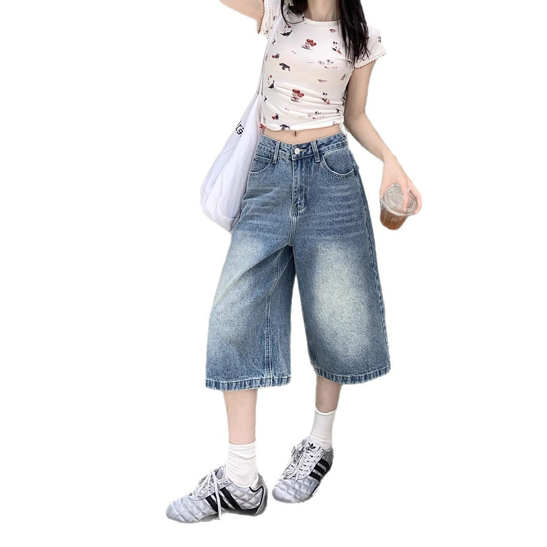 Damen Weite Denim-Culotte-Shorts mit hohem Bund und lässigem Design EB