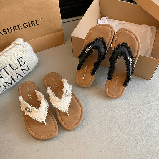 Damen modische Flip-Flops mit fransigem Riemen und komfortabler Innensohle EB