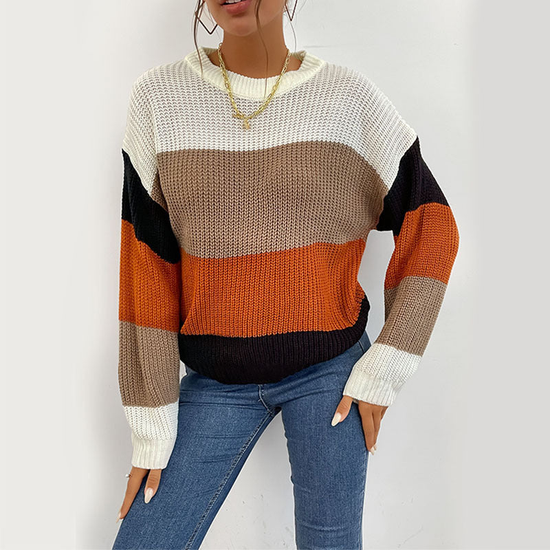 Damen gemütlicher Pullover mit modernem Blockstreifenmuster EB