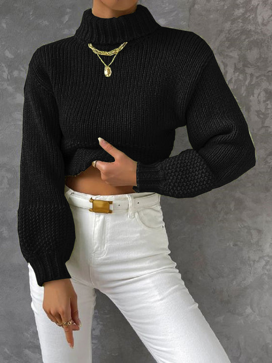 Damen trendiger Pullover mit hoch geschlossenem Kragen und voluminösen Ärmeln EB