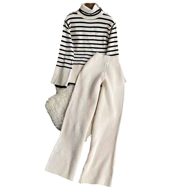 Damen elegantes gestreiftes Strickensemble mit hohem Kragen und weitem Bein EB