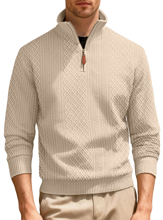 Herren nan feinstrukturierter Halbzip-Pullover im Jacquard-Relief mit hohem Stehkragen und Leder-Zipper EB