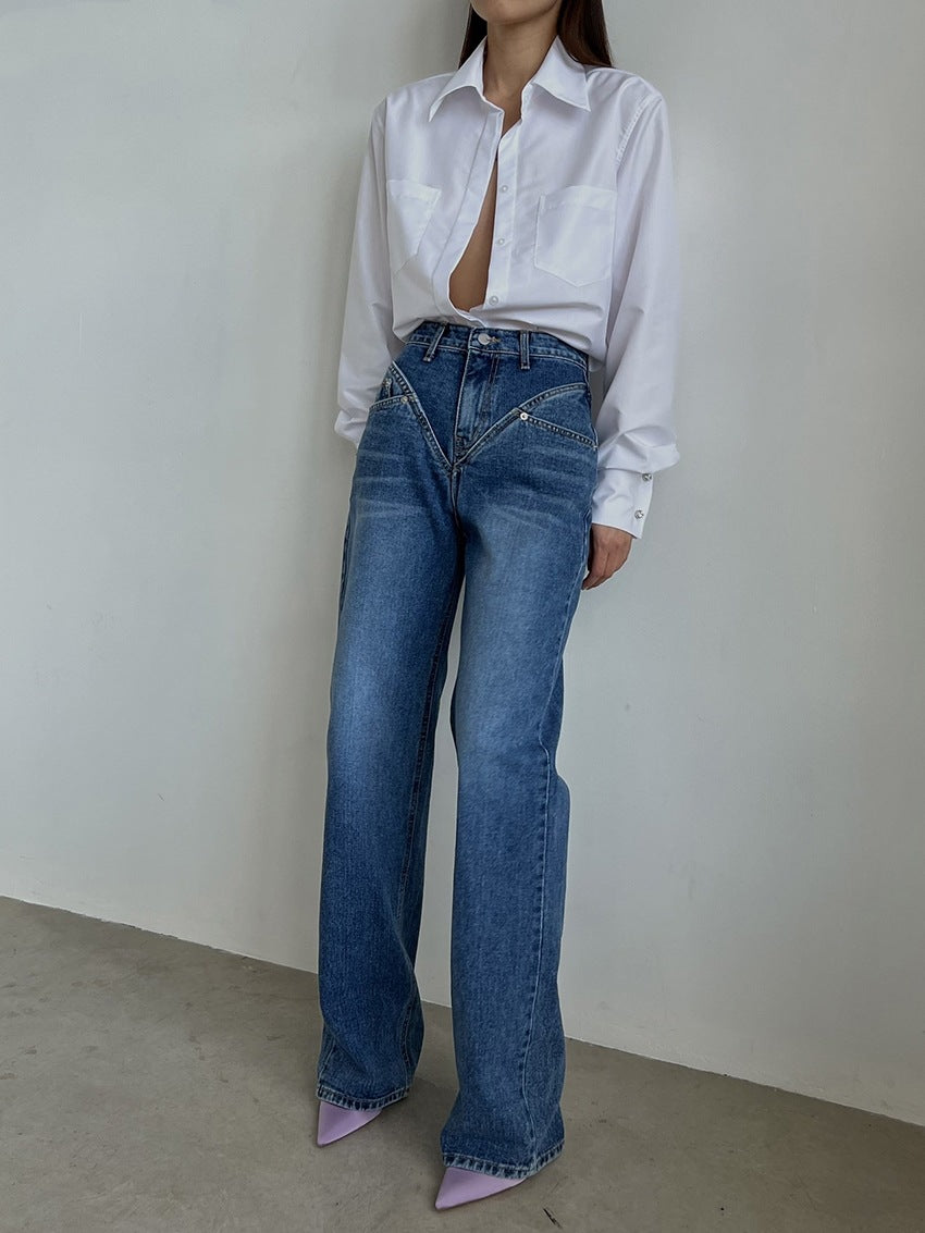Damen nan hochgeschnittene weite Denim-Hose mit V-förmiger Bundnaht und extra-langem Bein EB