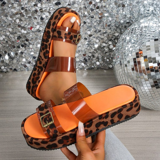 Damen Plateau-Sandalen mit Leopardenmuster und modernem Riemendesign EB