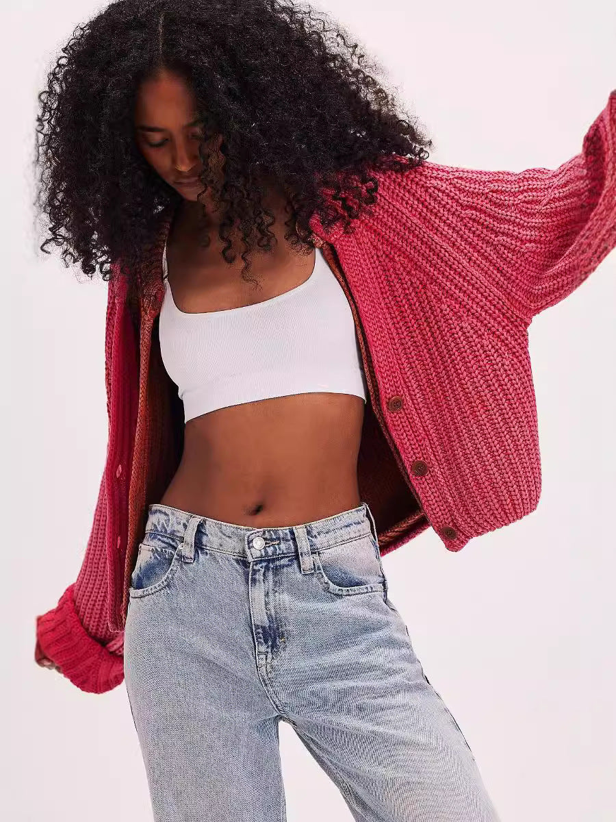 Damen lässige Strickjacke mit dekorativem Knopfverschluss und voluminösen Ärmeln EB