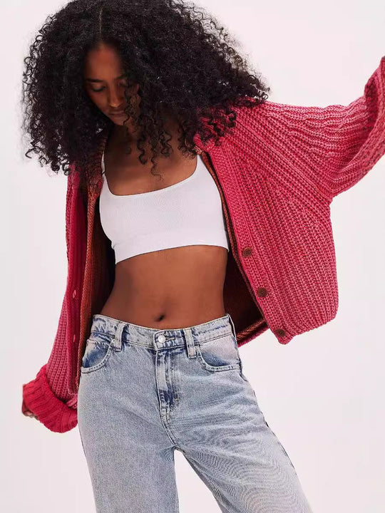 Damen lässige Strickjacke mit dekorativem Knopfverschluss und voluminösen Ärmeln EB
