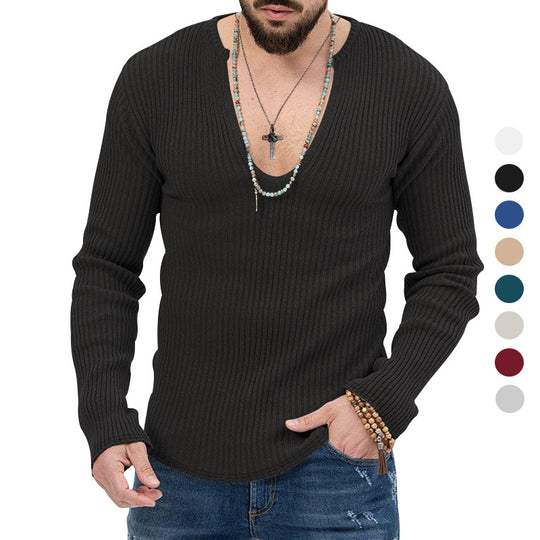 Herren lässiger Ripp-Pullover mit tiefem V-Ausschnitt und feiner Struktur EB