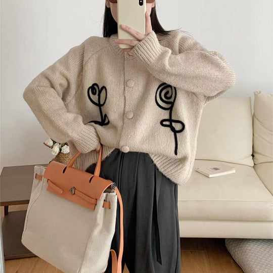 Damen Kuscheliger Strick-Cardigan mit kreativem Motiv EB