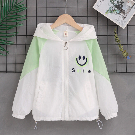 Damen nan leichte Kapuzenjacke mit Smiley-Print, verstellbarem Saum und elastischen Bündchen  EB