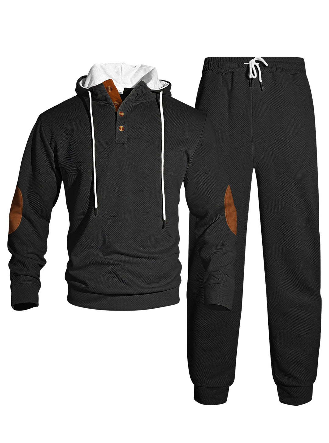 Herren nan Waffelstruktur Henley-Kapuzen-Set mit Holzknopfleiste Ellbogen-Patches und konischer Jogginghose EB