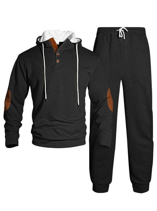 Herren nan Waffelstruktur Henley-Kapuzen-Set mit Holzknopfleiste Ellbogen-Patches und konischer Jogginghose EB