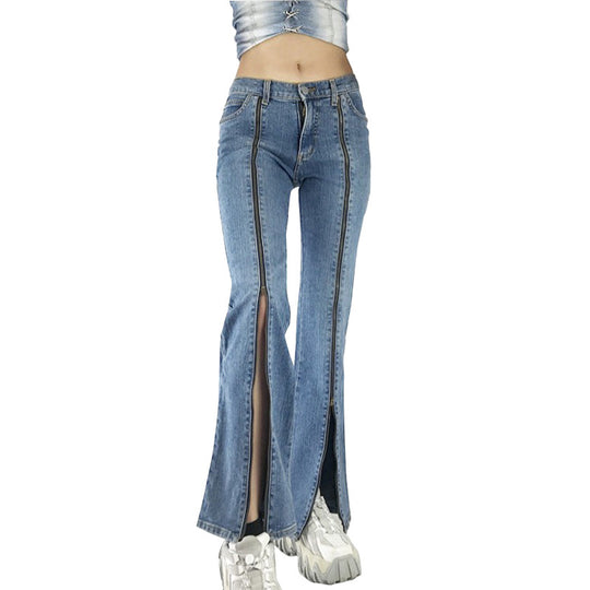 Damen nan Jeanshose mit durchgehenden Front-Reißverschlüssen, hoher vorderer Beinöffnung und ausgestelltem Schlag EB