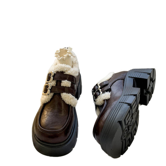 Damen modische Stiefel mit flauschigem Innenfutter und robustem Blockabsatz EB