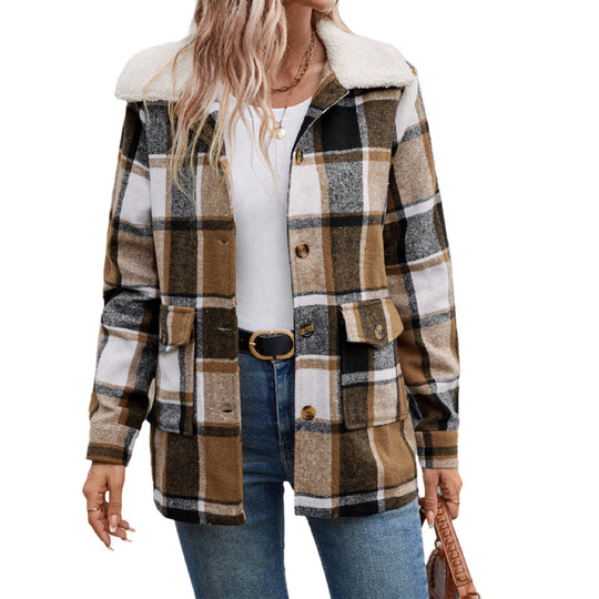 Damen Karierte Flanelljacke mit sanftem Kragen EB