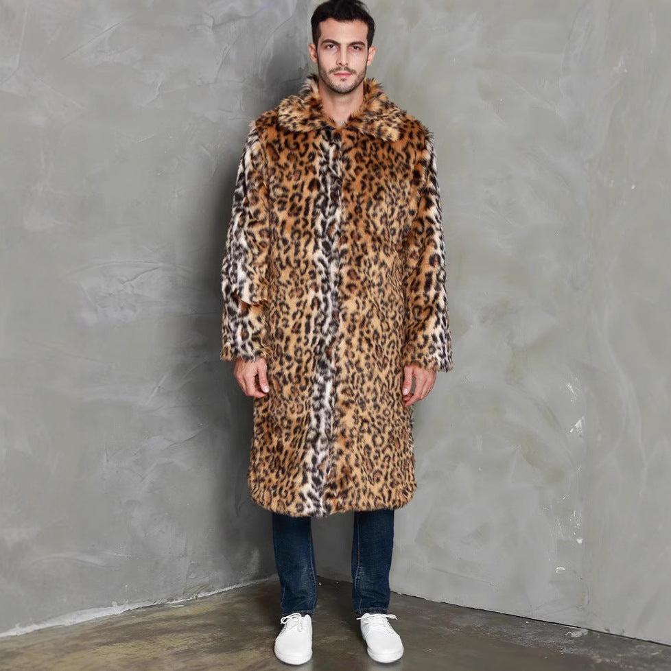 Herren Eleganter Kunstfellmantel mit Leopardenmuster und breitem Kragen EB