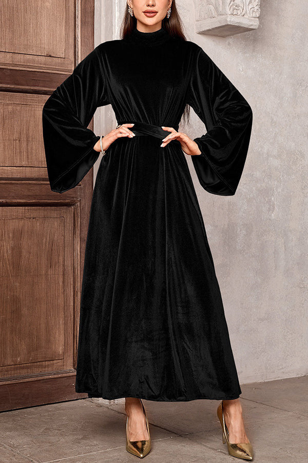 Damen Maxikleid aus Samt mit Stehkragen, weitem Glockenärmel und Taillengürtel EB