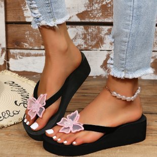 Damen Wedge-Zehentrenner mit glamourösem Blumendesign und rutschfester Sohle EB