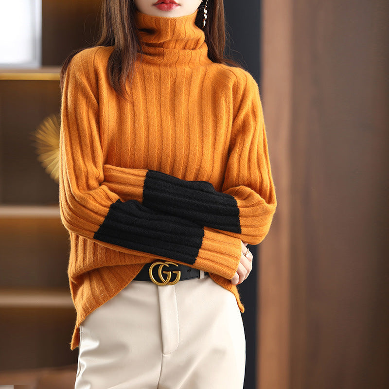 Damen Grob gestrickter Rollkragenpullover mit modischem Streifenmuster EB